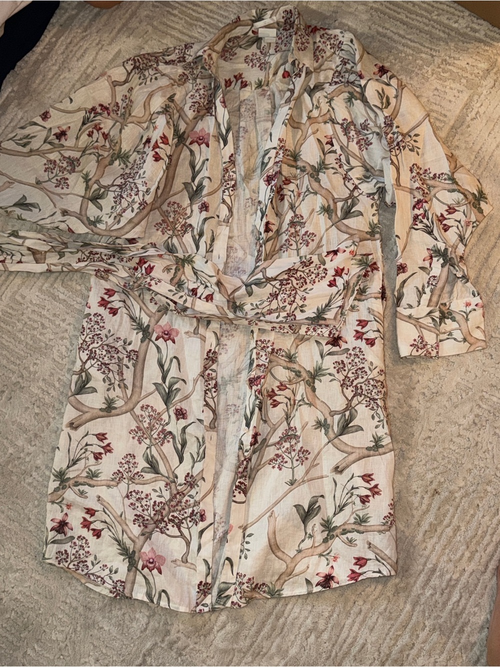 H&M X Johanna Ority Cream Floral Linen dress Green & Dusty Pink Accents